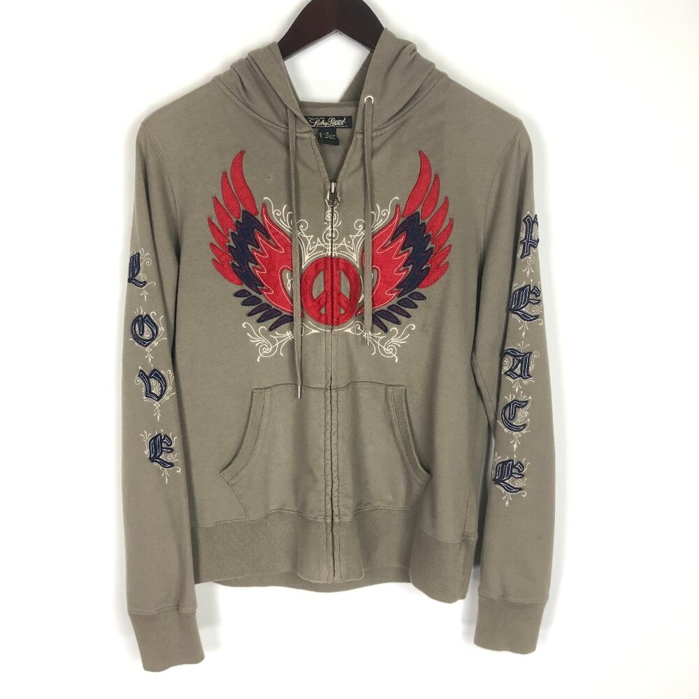 Lucky Brand Winged Peace and Love Felt Appliques Full Zip Cotton Hoodie Size MCo